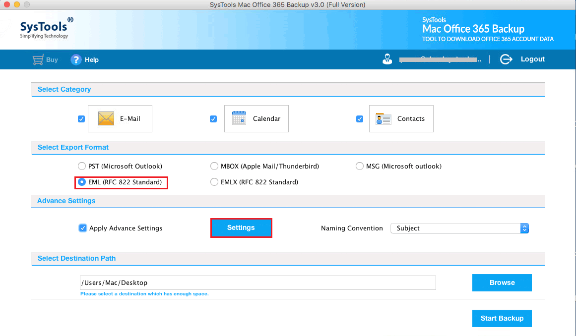 choose eml format and select settings