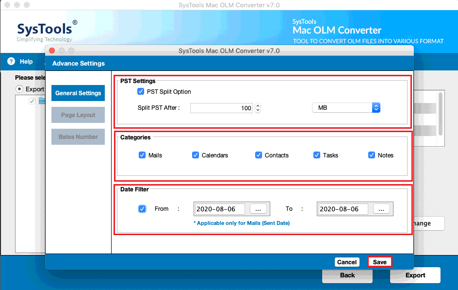 select PST Settings, Categories, Date Filter 