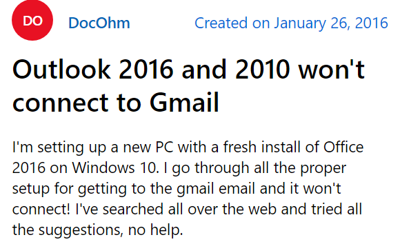 cannot setup gmail account in outlook 2016