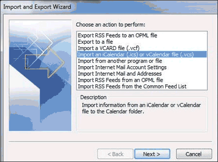 select ics file