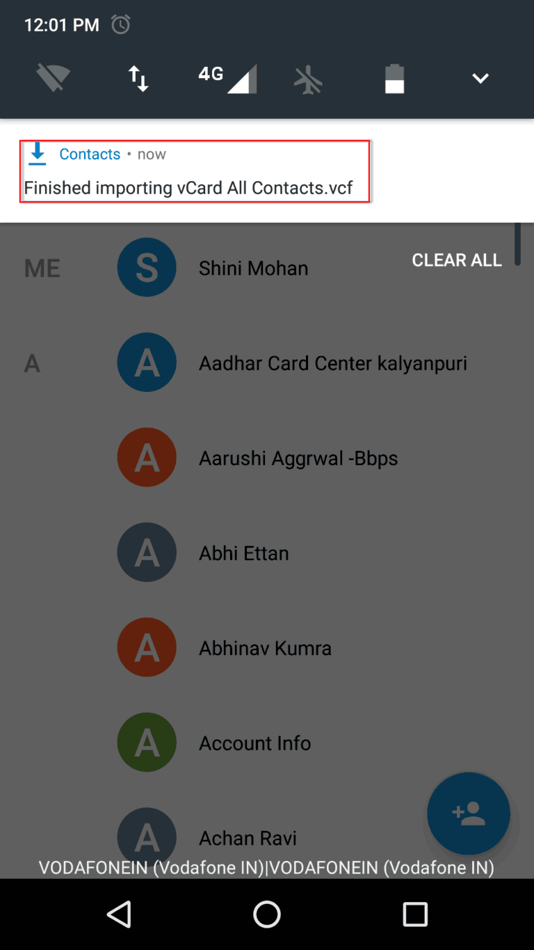 importing vCard .vcf’ notification