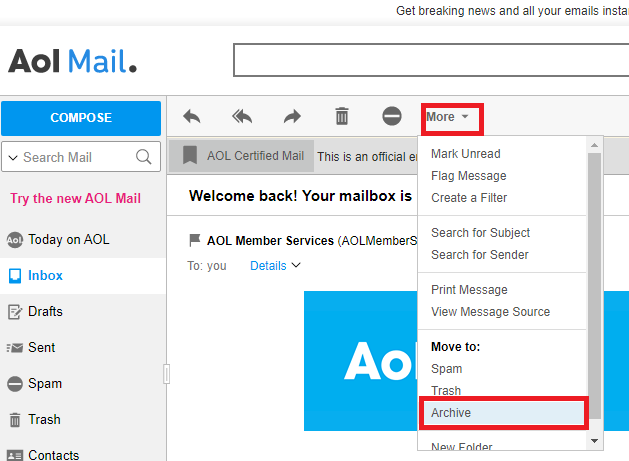 how to archive email in aol